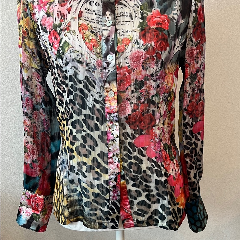 XS Women's Silk Sheer Floral & Leopard Print Button-Down Shirt in Multi-Color - Picture 2 of 15